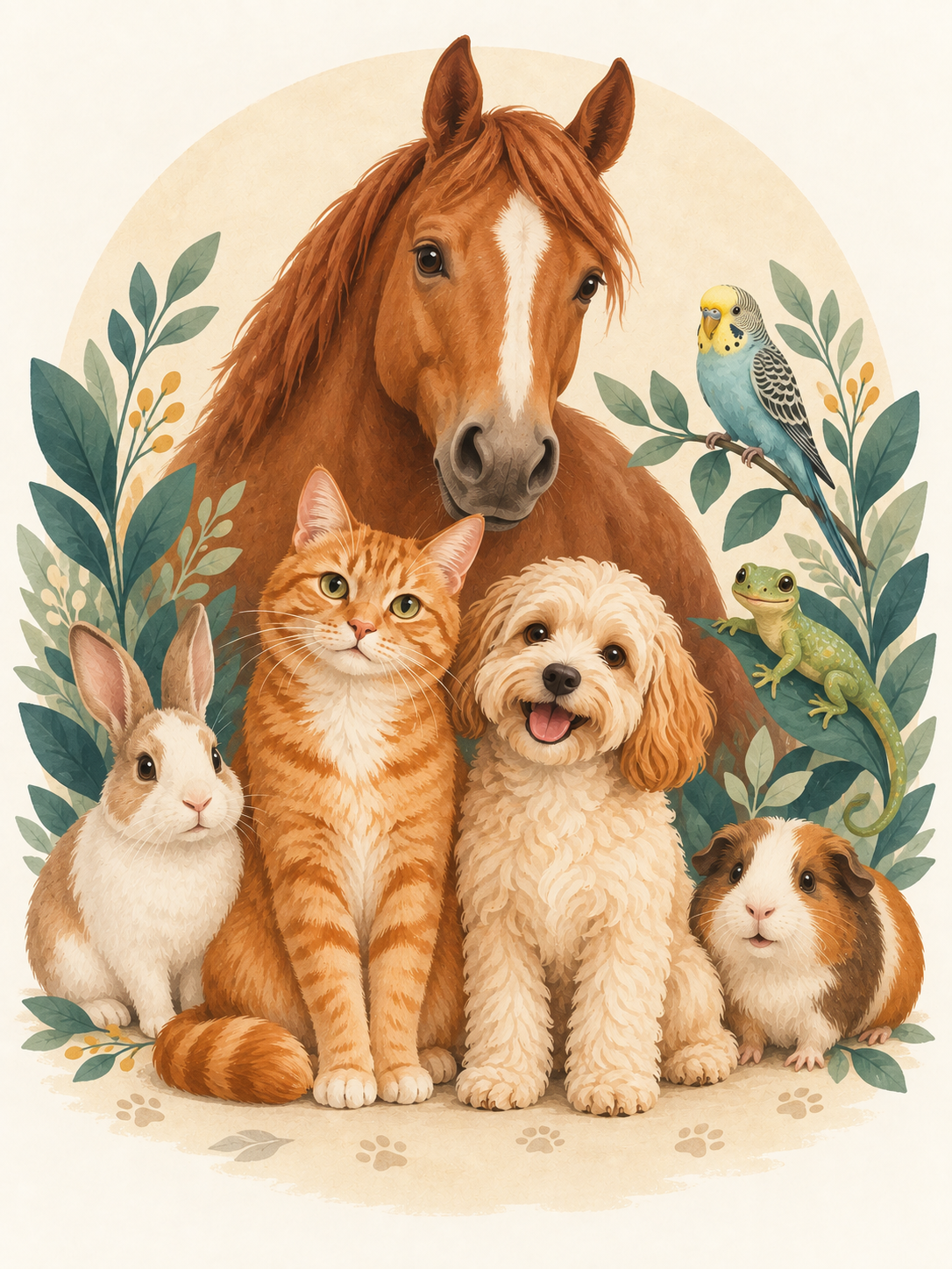 Кошка, собака, лошадь, кролик, морская свинка, птица и ящерица